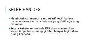 KELEBIHAN DFS
Membutuhkan memori yang relatif kecil, karena
hanya node-node pada lintasan yang aktif saja yang
disimpan.
Secara kebetulan, metode DFS akan menemukan
solusi tanpa harus menguji lebih banyak lagi dalam
ruang keadaan.
 
