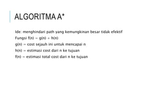 ALGORITMA A*
Ide: menghindari path yang kemungkinan besar tidak efektif
Fungsi f(n) = g(n) + h(n)
g(n) = cost sejauh ini untuk mencapai n
h(n) = estimasi cost dari n ke tujuan
f(n) = estimasi total cost dari n ke tujuan
 