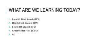 WHAT ARE WE LEARNING TODAY?
1. Breadth First Search (BFS)
2. Depth First Search (DFS)
3. Best First Search (BFS)
4. Greedy Best First Search
5. A*
 