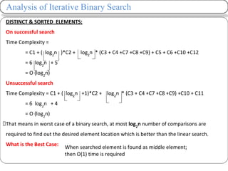Analysis of Iterative Binary Search
DISTINCT & SORTED ELEMENTS:
On successful search
Time Complexity =
= C1 + ( log2
n )*C2 + log2
n * (C3 + C4 +C7 +C8 +C9) + C5 + C6 +C10 +C12
= 6 log2
n + 5
= O (log2
n)
Unsuccessful search
Time Complexity = C1 + ( log2
n +1)*C2 + log2
n * (C3 + C4 +C7 +C8 +C9) +C10 + C11
= 6 log2
n + 4
= O (log2
n)
That means in worst case of a binary search, at most log2
n number of comparisons are
required to find out the desired element location which is better than the linear search.
What is the Best Case: When searched element is found as middle element;
then O(1) time is required
 