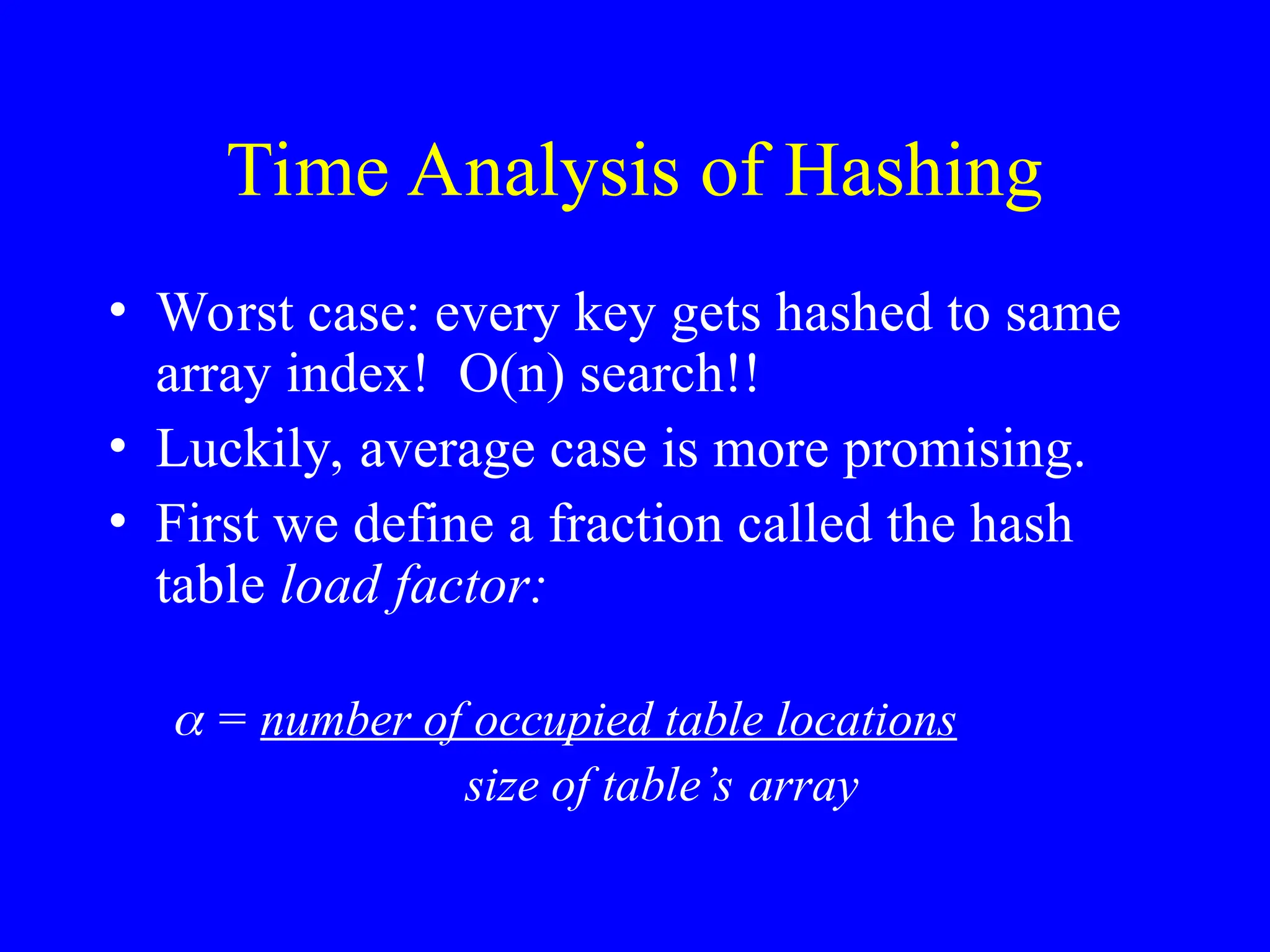 Time Analysis of Hashing
• Worst case: every key gets hashed to same
array index! O(n) search!!
• Luckily, average case is more promising.
• First we define a fraction called the hash
table load factor:
 = number of occupied table locations
size of table’s array
 