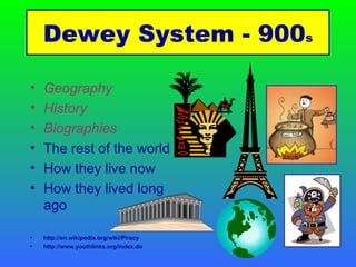 Geography History Biographies The rest of the world How they live now How they lived long ago http://en.wikipedia.org/wiki/Piracy http://www.youthlinks.org/index.do Dewey System - 900 s 