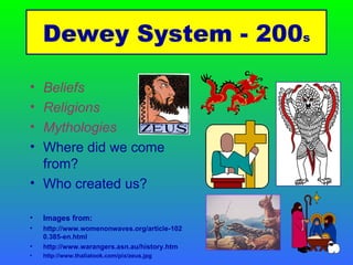 Beliefs Religions Mythologies Where did we come from? Who created us? Images from: http://www.womenonwaves.org/article-1020.385-en.html http://www.warangers.asn.au/history.htm http://www.thaliatook.com/pix/zeus.jpg Dewey System - 200 s 