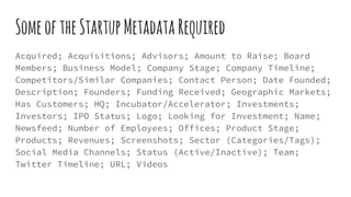 Acquired; Acquisitions; Advisors; Amount to Raise; Board
Members; Business Model; Company Stage; Company Timeline;
Competitors/Similar Companies; Contact Person; Date Founded;
Description; Founders; Funding Received; Geographic Markets;
Has Customers; HQ; Incubator/Accelerator; Investments;
Investors; IPO Status; Logo; Looking for Investment; Name;
Newsfeed; Number of Employees; Offices; Product Stage;
Products; Revenues; Screenshots; Sector (Categories/Tags);
Social Media Channels; Status (Active/Inactive); Team;
Twitter Timeline; URL; Videos
SomeoftheStartupMetadataRequired
 