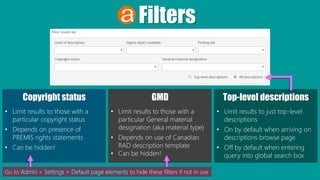 Filters
Copyright status
• Limit results to those with a
particular copyright status
• Depends on presence of
PREMIS rights statements
• Can be hidden!
GMD
• Limit results to those with a
particular General material
designation (aka material type)
• Depends on use of Canadian
RAD description template
• Can be hidden!
Top-level descriptions
• Limit results to just top-level
descriptions
• On by default when arriving on
descriptions browse page
• Off by default when entering
query into global search box
Go to Admin > Settings > Default page elements to hide these filters if not in use
 