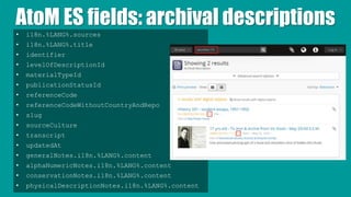 AtoM ES fields: archival descriptions
• i18n.%LANG%.sources
• i18n.%LANG%.title
• identifier
• levelOfDescriptionId
• materialTypeId
• publicationStatusId
• referenceCode
• referenceCodeWithoutCountryAndRepo
• slug
• sourceCulture
• transcript
• updatedAt
• generalNotes.i18n.%LANG%.content
• alphaNumericNotes.i18n.%LANG%.content
• conservationNotes.i18n.%LANG%.content
• physicalDescriptionNotes.i18n.%LANG%.content
 