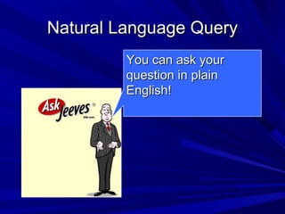 Natural Language QueryNatural Language Query
You can ask yourYou can ask your
question in plainquestion in plain
English!English!
 