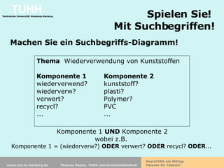 Spielen Sie!  Mit Suchbegriffen! Machen Sie ein Suchbegriffs-Diagramm! Thema   Wiederverwendung von Kunststoffen Komponente 1 Komponente 2 wiederverwend? kunststoff? wiederverw? plasti? verwert? Polymer? recycl? PVC ... ... Komponente 1  UND  Komponente 2 wobei z.B.  Komponente 1 = (wiederverw?)  ODER  verwert?  ODER  recycl?  ODER ...   
