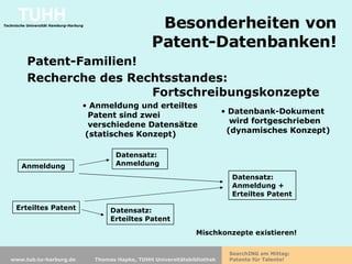 Besonderheiten von  Patent-Datenbanken!  Anmeldung und erteiltes   Patent sind zwei    verschiedene Datensätze   (statisches Konzept) Anmeldung Erteiltes Patent Datensatz: Anmeldung Datensatz: Erteiltes Patent Datensatz: Anmeldung + Erteiltes Patent Datenbank-Dokument   wird fortgeschrieben    (dynamisches Konzept) Recherche des Rechtsstandes: Fortschreibungskonzepte Mischkonzepte existieren! Patent-Familien! 