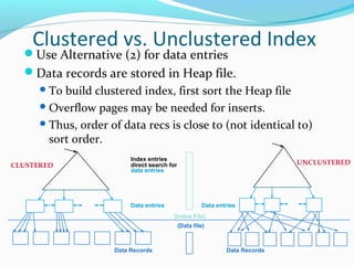 Clustered vs. Unclustered Index 
Use Alternative (2) for data entries 
Data records are stored in Heap file. 
To build clustered index, first sort the Heap file 
Overflow pages may be needed for inserts. 
Thus, order of data recs is close to (not identical to) 
sort order. 
Index entries 
CLUSTERED direct search for 
UNCLUSTERED 
data entries 
Data entries 
(Index File) 
(Data file) 
Data Records 
Data entries 
Data Records 
 