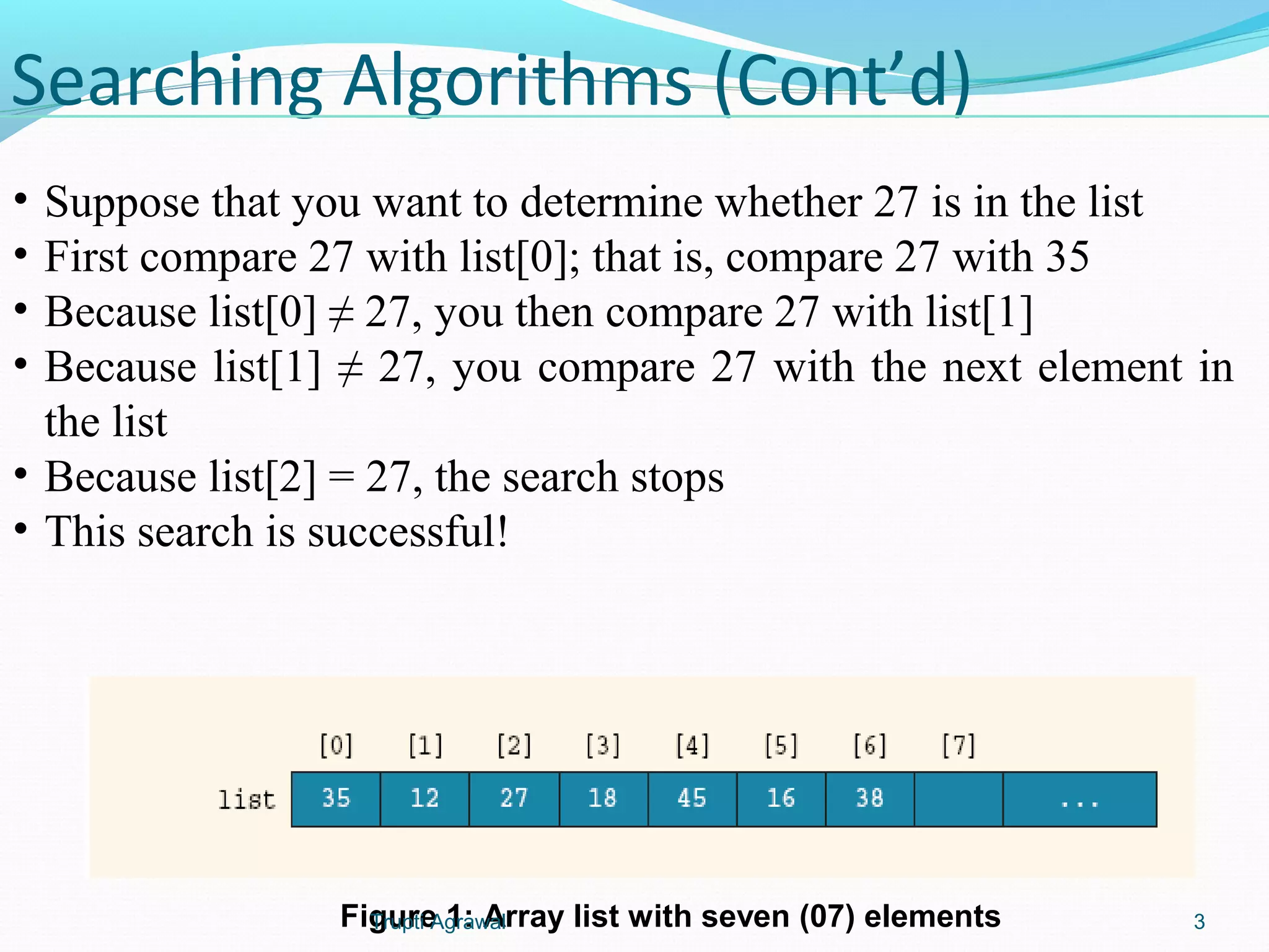 Searching Algorithms (Cont’d) 
• Suppose that you want to determine whether 27 is in the list 
• First compare 27 with list[0]; that is, compare 27 with 35 
• Because list[0] ≠ 27, you then compare 27 with list[1] 
• Because list[1] ≠ 27, you compare 27 with the next element in 
the list 
• Because list[2] = 27, the search stops 
• This search is successful! 
FigTruuprtei A g1ra: wAalrray list with seven (07) elements 3 
 