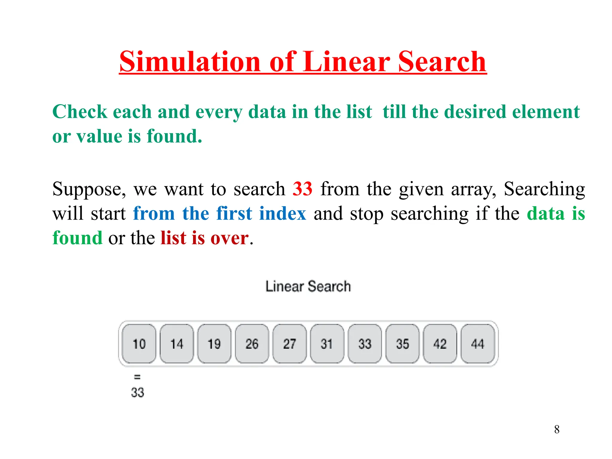 Simulation of Linear Search
8
Check each and every data in the list till the desired element
or value is found.
Suppose, we want to search 33 from the given array, Searching
will start from the first index and stop searching if the data is
found or the list is over.
 