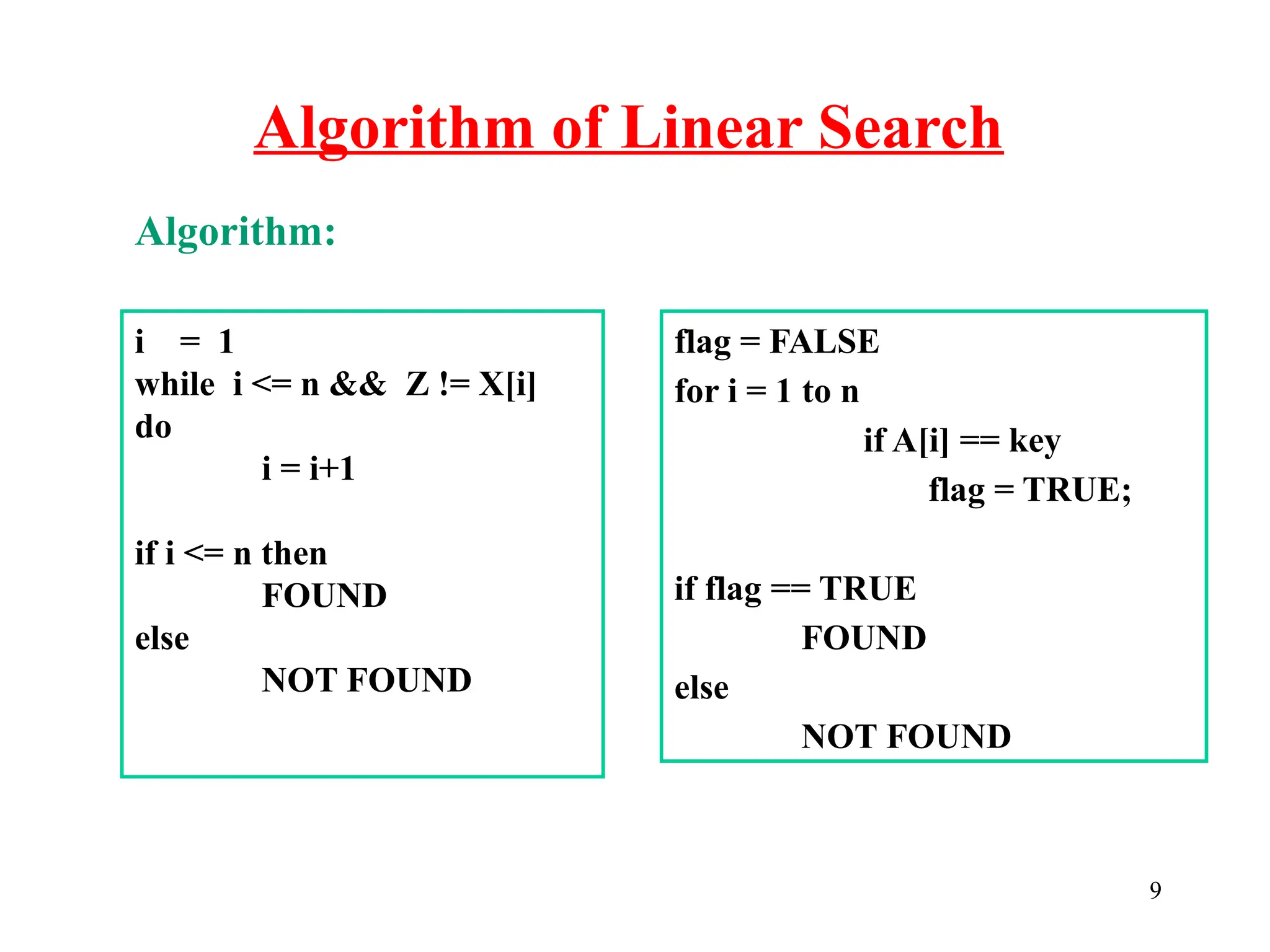 Algorithm of Linear Search
9
Algorithm:
i = 1
while i <= n && Z != X[i]
do
i = i+1
if i <= n then
FOUND
else
NOT FOUND
flag = FALSE
for i = 1 to n
if A[i] == key
flag = TRUE;
if flag == TRUE
FOUND
else
NOT FOUND
 