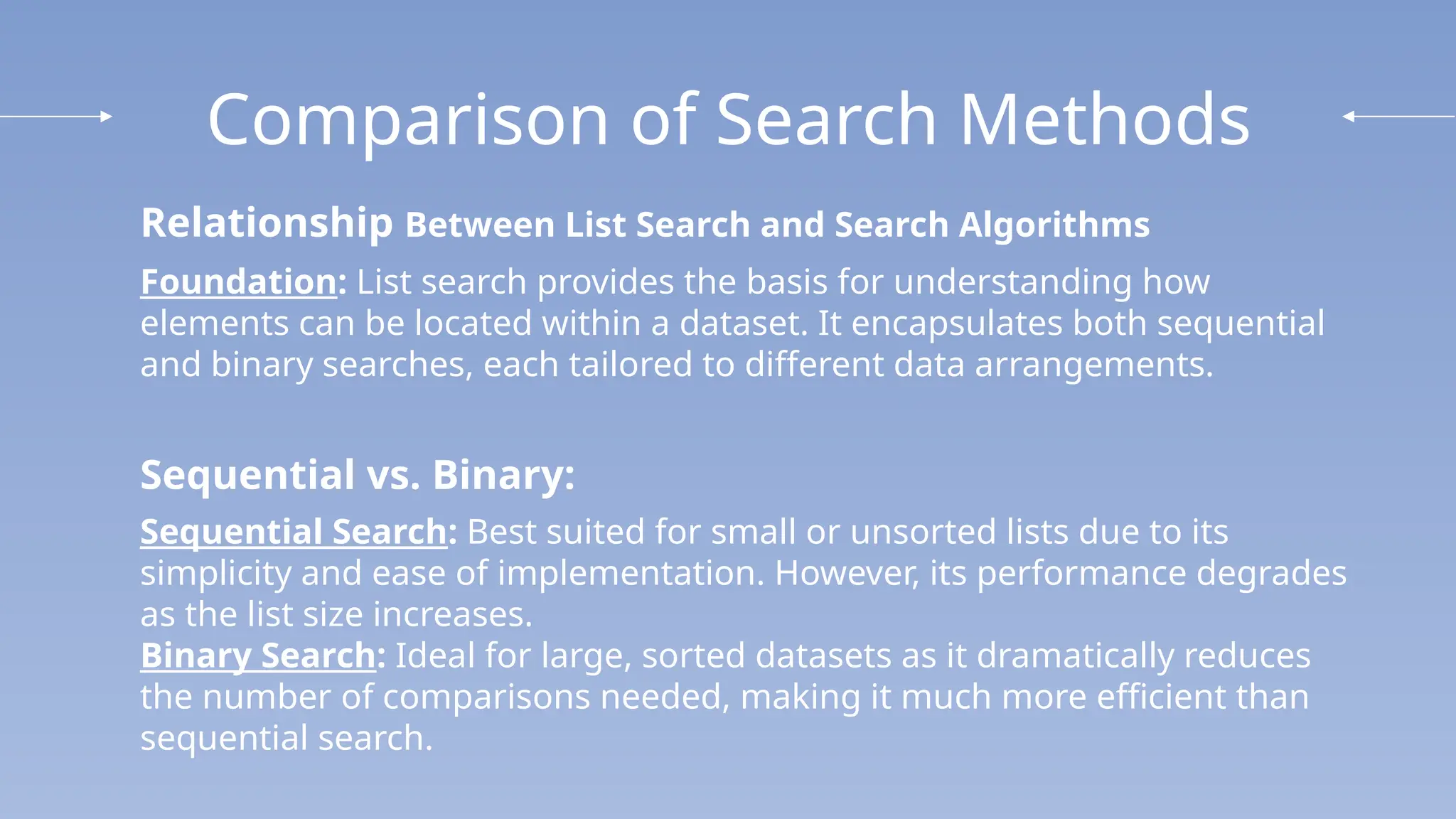 Comparison of Search Methods
Relationship Between List Search and Search Algorithms
Foundation: List search provides the basis for understanding how
elements can be located within a dataset. It encapsulates both sequential
and binary searches, each tailored to different data arrangements.
Sequential vs. Binary:
Sequential Search: Best suited for small or unsorted lists due to its
simplicity and ease of implementation. However, its performance degrades
as the list size increases.
Binary Search: Ideal for large, sorted datasets as it dramatically reduces
the number of comparisons needed, making it much more efficient than
sequential search.
 