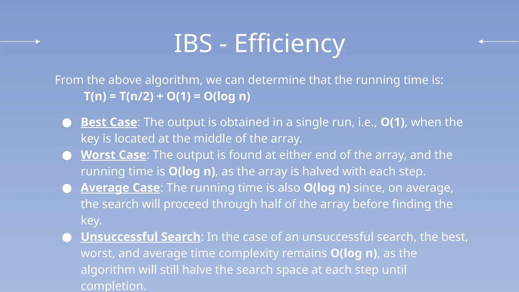 IBS - Efficiency
From the above algorithm, we can determine that the running time is:
T(n) = T(n/2) + O(1) = O(log n)
● Best Case: The output is obtained in a single run, i.e., O(1), when the
key is located at the middle of the array.
● Worst Case: The output is found at either end of the array, and the
running time is O(log n), as the array is halved with each step.
● Average Case: The running time is also O(log n) since, on average,
the search will proceed through half of the array before finding the
key.
● Unsuccessful Search: In the case of an unsuccessful search, the best,
worst, and average time complexity remains O(log n), as the
algorithm will still halve the search space at each step until
completion.
 