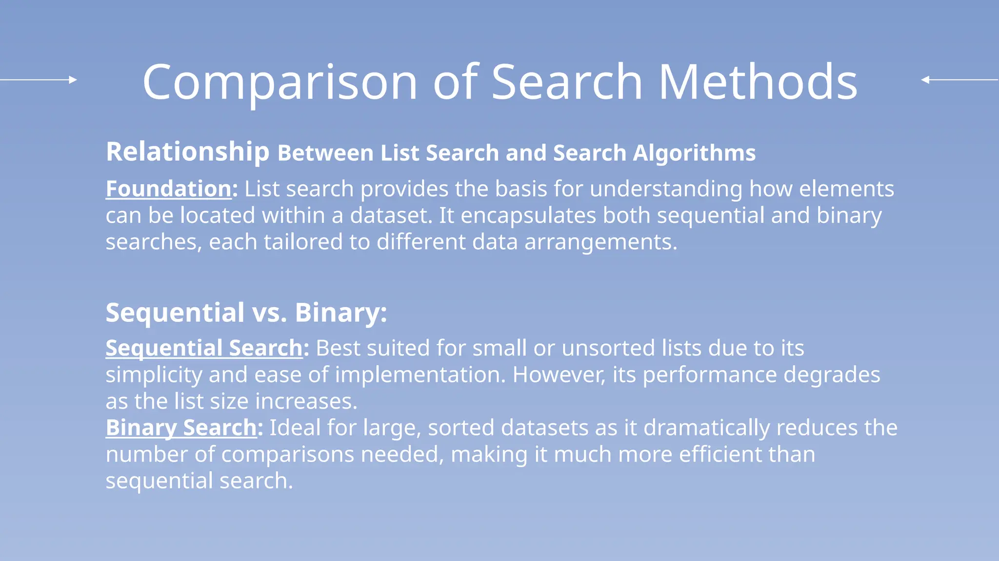 Comparison of Search Methods
Relationship Between List Search and Search Algorithms
Foundation: List search provides the basis for understanding how elements
can be located within a dataset. It encapsulates both sequential and binary
searches, each tailored to different data arrangements.
Sequential vs. Binary:
Sequential Search: Best suited for small or unsorted lists due to its
simplicity and ease of implementation. However, its performance degrades
as the list size increases.
Binary Search: Ideal for large, sorted datasets as it dramatically reduces the
number of comparisons needed, making it much more efficient than
sequential search.
 