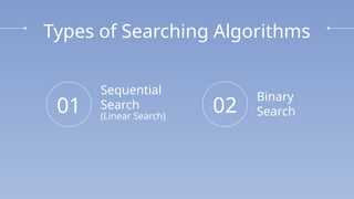 Binary
Search
01 02
Types of Searching Algorithms
Sequential
Search
(Linear Search)
 