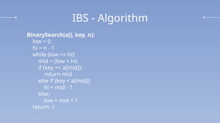 IBS - Algorithm
BinarySearch(a[], key, n):
low = 0
hi = n - 1
while (low <= hi):
mid = (low + hi)
if (key == a[mid]):
return mid
else if (key < a[mid]):
hi = mid - 1
else:
low = mid + 1
return -1
 