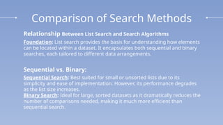 Comparison of Search Methods
Relationship Between List Search and Search Algorithms
Foundation: List search provides the basis for understanding how elements
can be located within a dataset. It encapsulates both sequential and binary
searches, each tailored to different data arrangements.
Sequential vs. Binary:
Sequential Search: Best suited for small or unsorted lists due to its
simplicity and ease of implementation. However, its performance degrades
as the list size increases.
Binary Search: Ideal for large, sorted datasets as it dramatically reduces the
number of comparisons needed, making it much more efficient than
sequential search.
 