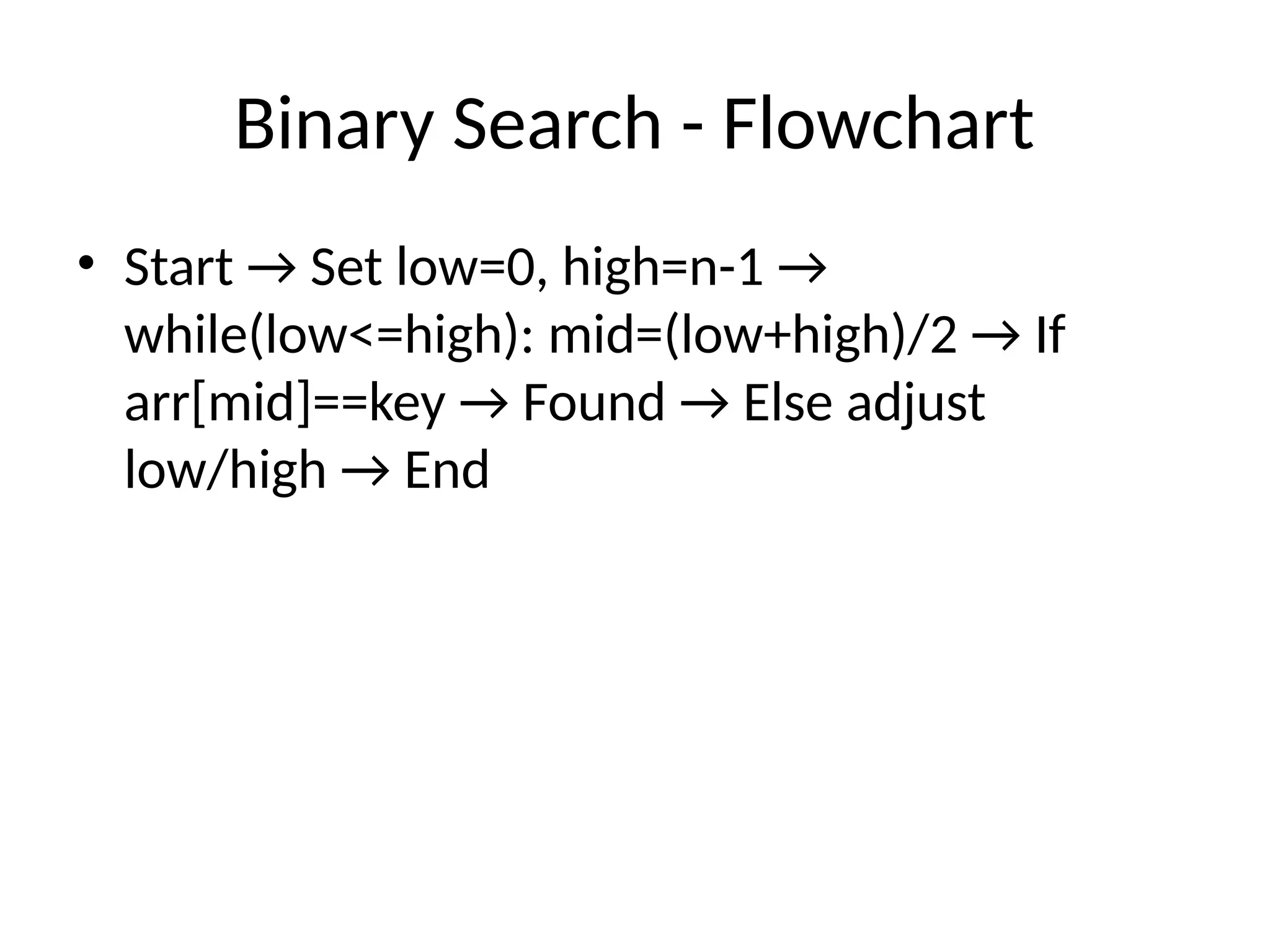 Binary Search - Flowchart
• Start → Set low=0, high=n-1 →
while(low<=high): mid=(low+high)/2 → If
arr[mid]==key → Found → Else adjust
low/high → End
 