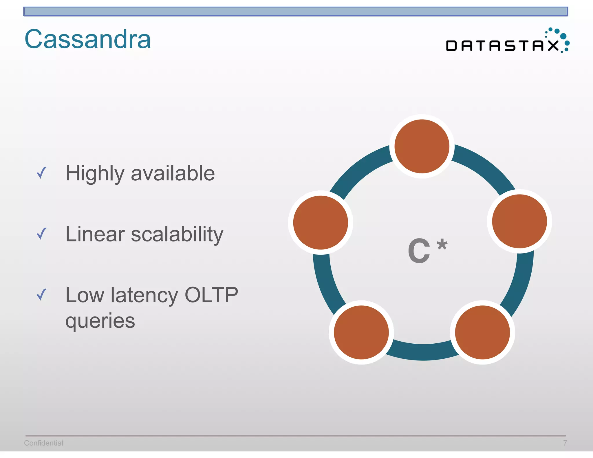 Confidential
Cassandra
7
✓ Highly available
✓ Linear scalability
✓ Low latency OLTP
queries
C*
 
