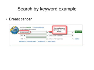 Search by keyword example
• Breast cancer
 