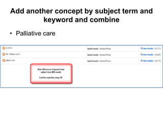 Add another concept by subject term and
keyword and combine
• Palliative care
 
