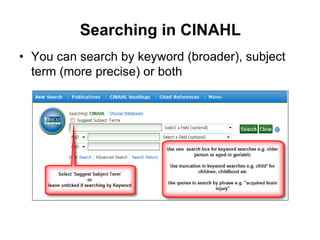 Searching in CINAHL
• You can search by keyword (broader), subject
term (more precise) or both
 