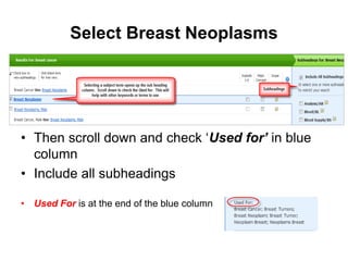 Select Breast Neoplasms
• Then scroll down and check ‘Used for’ in blue
column
• Include all subheadings
• Used For is at the end of the blue column
 