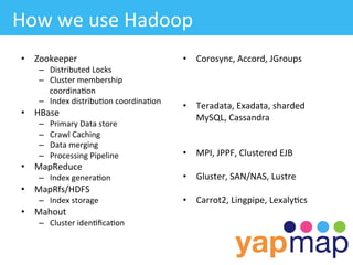 How	
  we	
  use	
  Hadoop	
  
 •  Zookeeper	
                                     •  Corosync,	
  Accord,	
  JGroups	
  
       –  Distributed	
  Locks	
  
       –  Cluster	
  membership	
  
          coordina/on	
  
       –  Index	
  distribu/on	
  coordina/on	
  
                                                    •  Teradata,	
  Exadata,	
  sharded	
  
 •  HBase	
                                            MySQL,	
  Cassandra	
  
       –    Primary	
  Data	
  store	
  
       –    Crawl	
  Caching	
  
       –    Data	
  merging	
  
       –    Processing	
  Pipeline	
                •  MPI,	
  JPPF,	
  Clustered	
  EJB	
  
 •  MapReduce	
  
       –  Index	
  genera/on	
                      •  Gluster,	
  SAN/NAS,	
  Lustre	
  
 •  MapRfs/HDFS	
  
       –  Index	
  storage	
                        •  Carrot2,	
  Lingpipe,	
  Lexaly/cs	
  	
  
 •  Mahout	
  	
  
       –  Cluster	
  iden/ﬁca/on	
  
 