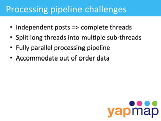 Processing	
  pipeline	
  challenges	
  
 •    Independent	
  posts	
  =>	
  complete	
  threads	
  
 •    Split	
  long	
  threads	
  into	
  mul/ple	
  sub-­‐threads	
  
 •    Fully	
  parallel	
  processing	
  pipeline	
  
 •    Accommodate	
  out	
  of	
  order	
  data	
  
 