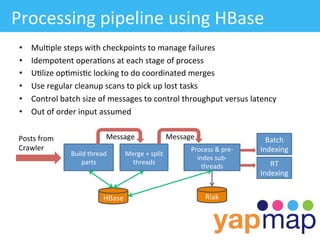 Processing	
  pipeline	
  using	
  HBase	
  
 •     Mul/ple	
  steps	
  with	
  checkpoints	
  to	
  manage	
  failures	
  
 •     Idempotent	
  opera/ons	
  at	
  each	
  stage	
  of	
  process	
  
 •     U/lize	
  op/mis/c	
  locking	
  to	
  do	
  coordinated	
  merges	
  
 •     Use	
  regular	
  cleanup	
  scans	
  to	
  pick	
  up	
  lost	
  tasks	
  
 •     Control	
  batch	
  size	
  of	
  messages	
  to	
  control	
  throughput	
  versus	
  latency	
  
 •     Out	
  of	
  order	
  input	
  assumed	
  

 Posts	
  from	
  	
                      Message	
                        Message	
                           Batch	
  
 Crawler	
                                                                          Process	
  &	
  pre-­‐   Indexing	
  
                         Build	
  thread	
       Merge	
  +	
  split	
  
                                                                                      index	
  sub-­‐
                             parts	
               threads	
                                                    RT	
  
                                                                                        threads	
  
                                                                                                             Indexing	
  


                                         HBase	
                                           Riak	
  
 