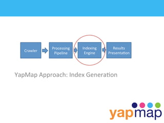 Processing	
     Indexing	
        Results	
  
    Crawler	
  
                   Pipeline	
       Engine	
      Presenta/on	
  




YapMap	
  Approach:	
  Index	
  Genera/on	
  
 