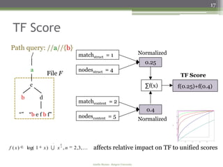 17



  TF Score
Path query: //a//{b}
               /                         matchstruct = 1                               Normalized
                                                                                         0.25
               a                         nodesstruct = 4
                           File F                                                                                    TF Score
              c                                                                          ∑f(x)                   f(0.25)+f(0.4)

         b            d
                                         matchcontent = 2
                                                                                         0.4                1




     “” “b e f b f”                      nodescontent = 5                              Normalized
                                                                                                           0.8




                                                                                                           0.6




                                                                                                    f(x)
                                                                                                           0.4




                                                                                                           0.2




                                                                                                            0
                                                                                                                 0    0.2   0.4       0.6   0.8    1
                                                                                                                                  x
                                 1

f ( x)       log( 1       x)  x , n
                                 n
                                       2 , 3,    affects relative impact on TF to unified scores

                                                  Amélie Marian - Rutgers University
 