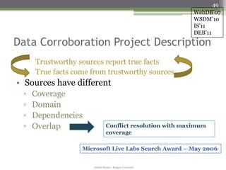 49
                                                           WebDB’07
                                                           WSDM’10
                                                           IS’11
                                                           DEB’11
Data Corroboration Project Description
     Trustworthy sources report true facts
     True facts come from trustworthy sources
• Sources have different
 ▫   Coverage
 ▫   Domain
 ▫   Dependencies
 ▫   Overlap                   Conflict resolution with maximum
                               coverage

                  Microsoft Live Labs Search Award – May 2006


                     Amélie Marian - Rutgers University
 