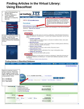 Finding Articles in the Virtual Library:
        Using EbscoHost
1.   Click on Periodicals from
     the Main Menu.
2.   Choose a Database to
     search. Read the
     description to choose the
     best one.




To search in EbscoHost select
the link. Unless you are
searching a very specific topic,
search all EbscoHost Databases
at once.




      Finding Articles in EbscoHost Databases




Search by entering a word or
phrase in the box. Remember
to join multiple concepts using
AND or OR. Search for phrases
using quotation marks.

Ex.1: cat AND pet
Ex.2: cat OR feline
Ex.3: “heart attack”
 