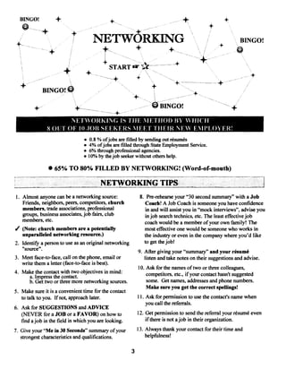 BINGO!           +                                                              +                      +
                                                                                                 +

                                    NET                  ÔRKING                                               BINGO!
                                                             +              +~_~             /       +


                                            START       ~‘



                                                                                                                  +
  +~         BNGO!~                                                 +

                                                                    eBINGO!
                      NETWORK1N(; IS THE IETHOI) BY WHICH
               8 OI~TOF 10 JOB SFFkERS IEU I THEIR ‘~E% EIPLO FR’
                                • 0.8 % ofjobs are filled by sending out résumés
                                • 4% ofjobs are filled through State Employment Service.
                                • 6% through professional agencies.
                                • 10% by thejob seeker without others help.

               • 65% TO 80% FILLED BY NETWORKING! (Word-of-mouth)

                                        N}~TWORKINGTIPS
 1. Almost anyone can be a networking source:                 8. Pre-rehearse your “30 second summary” with a Job
    Friends, neighbors, peers, competitors, church                Coach! A Job Coach is someone you have confidence
    members, trade associations, professional                    in and will assist you in “mock interviews”, advise you
    groups, business associates, job fairs, club                  in job search technics, etc. The least effective job
    members, etc.                                                coach would be a member of your own family! The
/ (Note: church members are a potentially                        most effective one would be someone who works in
    unparalleled networking resource.)                           the industry or even in the company where you’d like
2. Identify a person to use as an original networking            to get thejob!
    “source”.                                                9. After giving your “summary” and your résumé
3. Meet thce-to-face, call on the phone, email or               listen and take notes on their suggestions and advise.
    write them a letter (face-to-face is best).              10. Ask for the names of two or three colleagues,
4. Make the contact with two objectives in mind:                 competitors, etc., if your contact hasn’t suggested
        a. Impress the contact.
        b. Get two or three more networking sources.             some. Get names, addresses and phone numbers.
                                                                 Make sure you get the correct spellings!
5. Make sure it is a convenient time for the contact
   to talk to you. Ifnot, approach later.                    11. Ask for pennission to use the contact’s name when
                                                                 you call the referrals.
6. Ask for SUGGESTIONS and ADVICE
   (NEVER for a JOB or a FAVOR) on how to                    12. Get permission to send the referral your résumé even
   find ajob in the field in which you are looking.              ifthere is not ajob in their organization.
7. Give your “Me in 30 Seconds” summaiy of your              13. Always thank your contact for their time and
   strongest characteristics and qualifications.                 helpfulness!

                                                        3
 