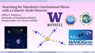 Searching for Nanohertz Gravitational Waves
with a Galactic-Scale Detector
Jeffrey S. Hazboun,
University of Washington Bothell
Funded under NSF Award 1430284
Jeffrey Hazboun (North City) The Search for Lumbering Giants 3 May 2021 1 / 47
 