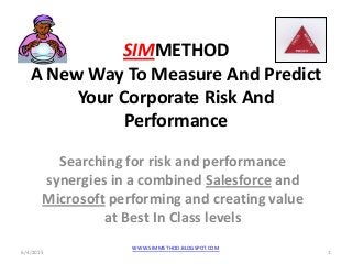 SIMMETHOD
A New Way To Measure And Predict
Your Corporate Risk And
Performance
Searching for risk and performance
synergies in a combined Salesforce and
Microsoft performing and creating value
at Best In Class levels
6/4/2015 1
WWW.SIMMETHOD.BLOGSPOT.COM
 