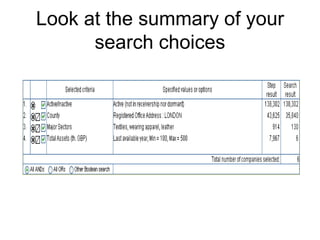 Comparing ratios across companiesRefine your results by geography Click on Geographical Location, County and then choose LondonReducing your results for analysisReduce your results in order to perform a ratio analysis – FAME will, however, pick out 10 standard companies from your search resultsChoose companies with total assets of between 100 and 500 thousandSelect Financials – key financial – total assets from the left hand panel The default is thousands of pounds – put in a minimum of 100 and a maximum of 500