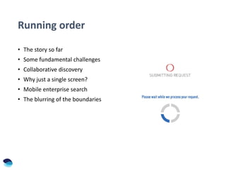 Running order
• The story so far
• Some fundamental challenges
• Collaborative discovery
• Why just a single screen?
• Mobile enterprise search
• The blurring of the boundaries
 
