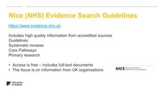 Nice (NHS) Evidence Search Guidelines
https://www.evidence.nhs.uk
Includes high quality information from accredited sources
Guidelines
Systematic reviews
Care Pathways
Primary research
• Access is free – includes full-text documents
• The focus is on information from UK organisations
 