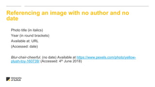 Referencing an image with no author and no
date
Photo title (in italics)
Year (in round brackets)
Available at: URL
(Accessed: date)
Blur-chair-cheerful. (no date) Available at https://www.pexels.com/photo/yellow-
plush-toy-160739/ (Accessed: 4th June 2018)
 