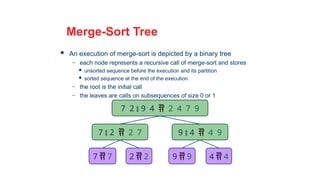 27
Merge-Sort Tree
 An execution of merge-sort is depicted by a binary tree
– each node represents a recursive call of merge-sort and stores
 unsorted sequence before the execution and its partition
 sorted sequence at the end of the execution
– the root is the initial call
– the leaves are calls on subsequences of size 0 or 1
7 2  9 4  2 4 7 9
7  2  2 7 9  4  4 9
7  7 2  2 9  9 4  4
 