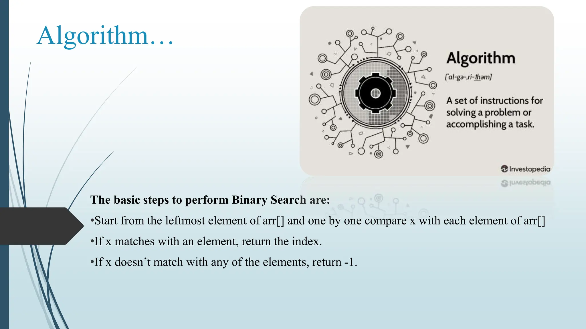Algorithm…
The basic steps to perform Binary Search are:
•Start from the leftmost element of arr[] and one by one compare x with each element of arr[]
•If x matches with an element, return the index.
•If x doesn’t match with any of the elements, return -1.
 