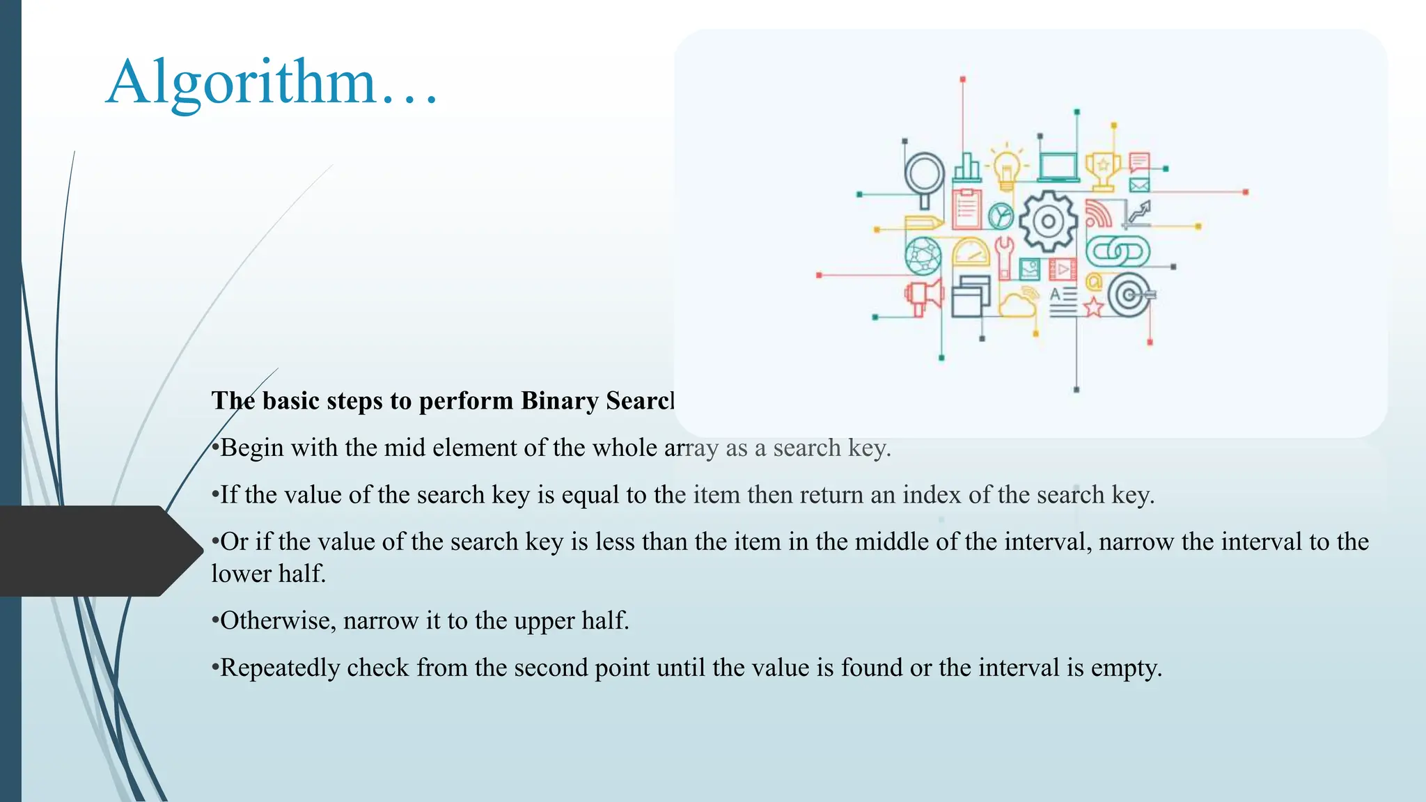 Algorithm…
The basic steps to perform Binary Search are:
•Begin with the mid element of the whole array as a search key.
•If the value of the search key is equal to the item then return an index of the search key.
•Or if the value of the search key is less than the item in the middle of the interval, narrow the interval to the
lower half.
•Otherwise, narrow it to the upper half.
•Repeatedly check from the second point until the value is found or the interval is empty.
 