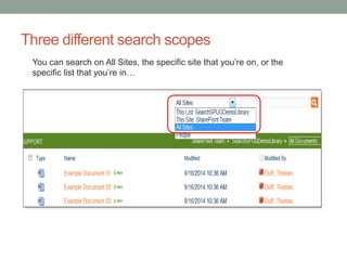 Three different search scopes 
You can search on All Sites, the specific site that you’re on, or the 
specific list that you’re in… 
 