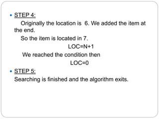 STEP 4:
Originally the location is 6. We added the item at
the end.
So the item is located in 7.
LOC=N+1
We reached the condition then
LOC=0
 STEP 5:
Searching is finished and the algorithm exits.
 