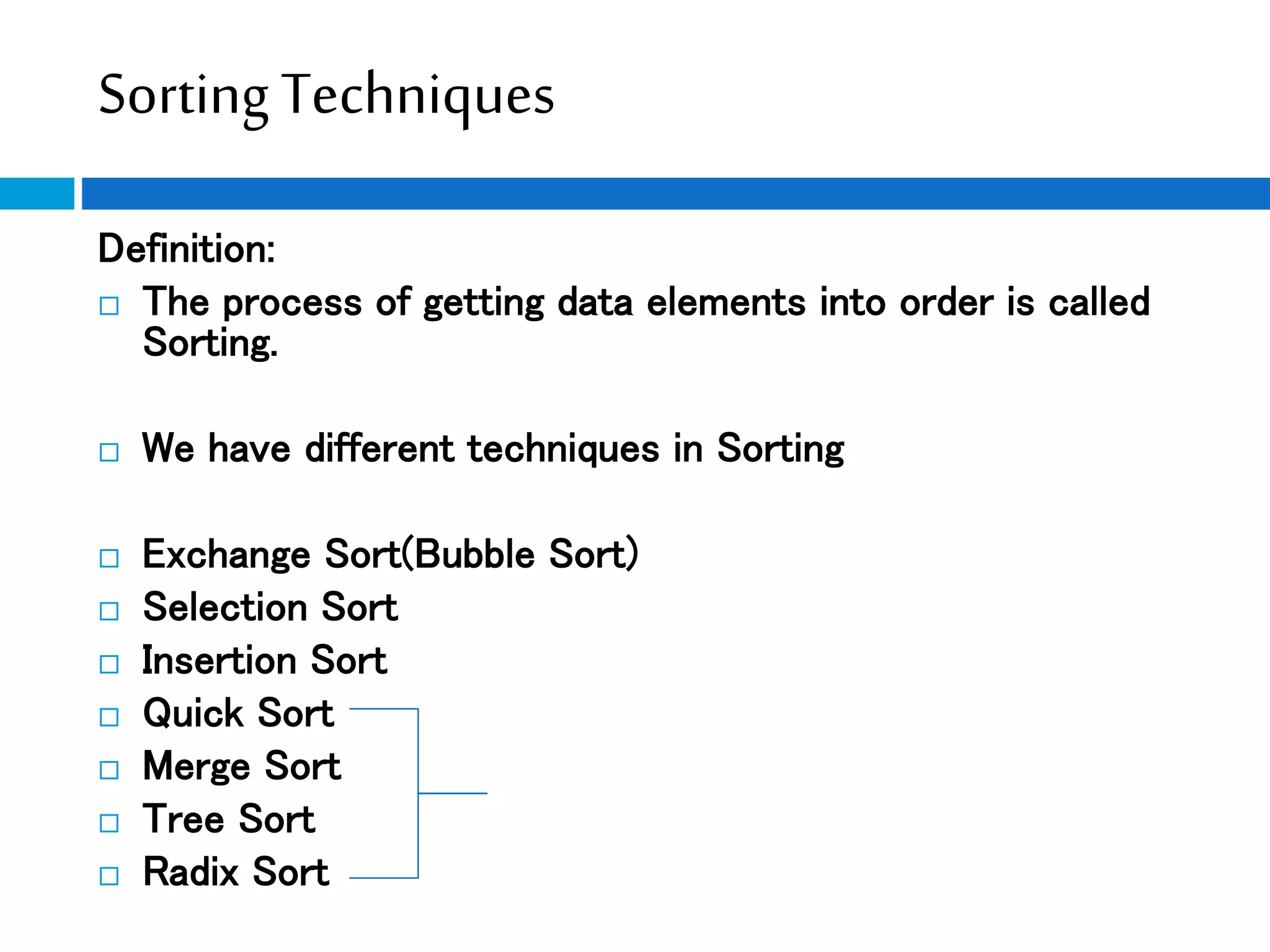 Sorting Techniques
Definition:
 The process of getting data elements into order is called
Sorting.
 We have different techniques in Sorting
 Exchange Sort(Bubble Sort)
 Selection Sort
 Insertion Sort
 Quick Sort
 Merge Sort
 Tree Sort
 Radix Sort
 