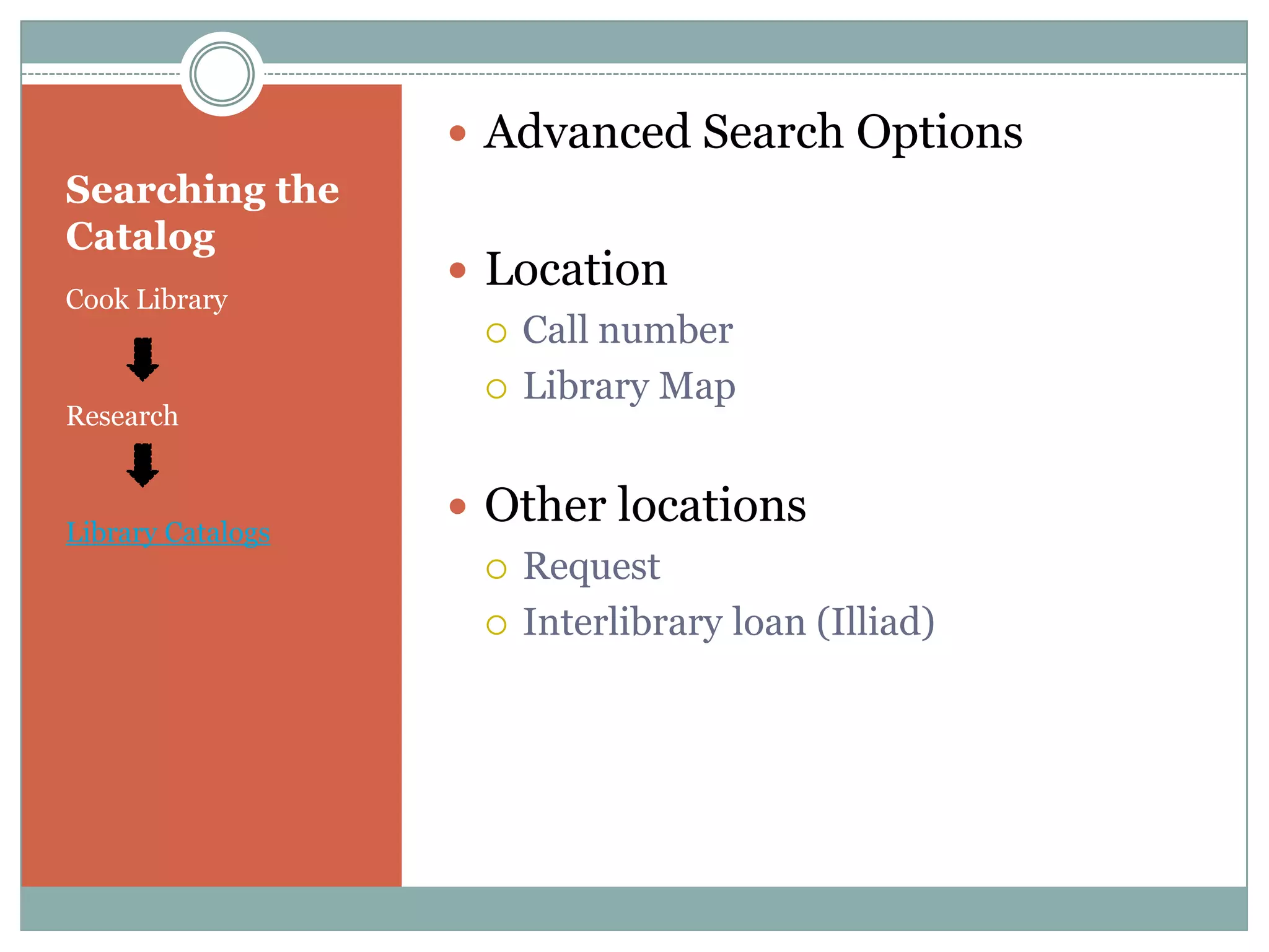Searching the CatalogCook LibraryResearchLibrary CatalogsAdvanced Search OptionsLocationCall numberLibrary MapOther locationsRequestInterlibrary loan (Illiad)